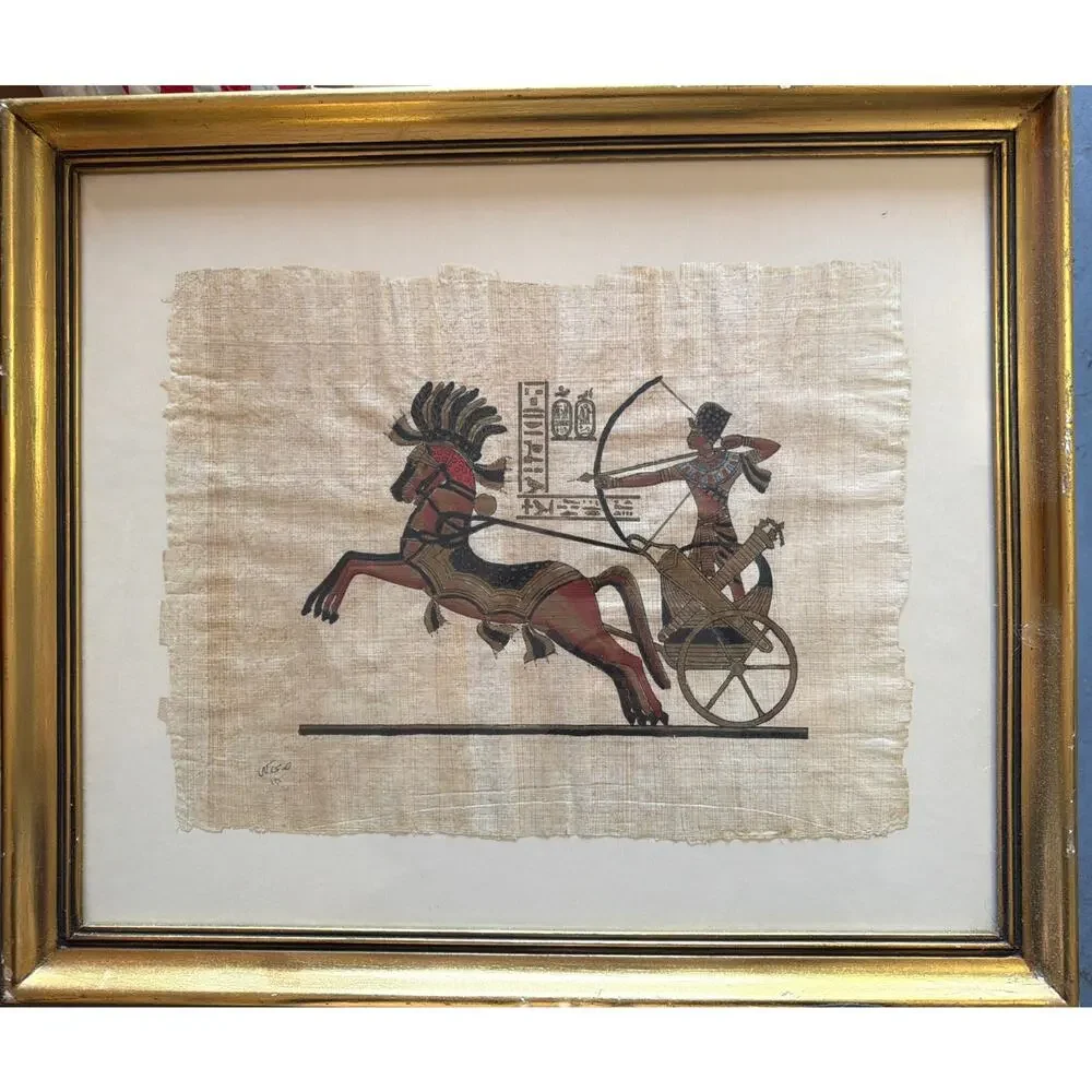 Signed Hand Painted Ancient Egyptian Papyrus King Tut Chariot Battle Framed